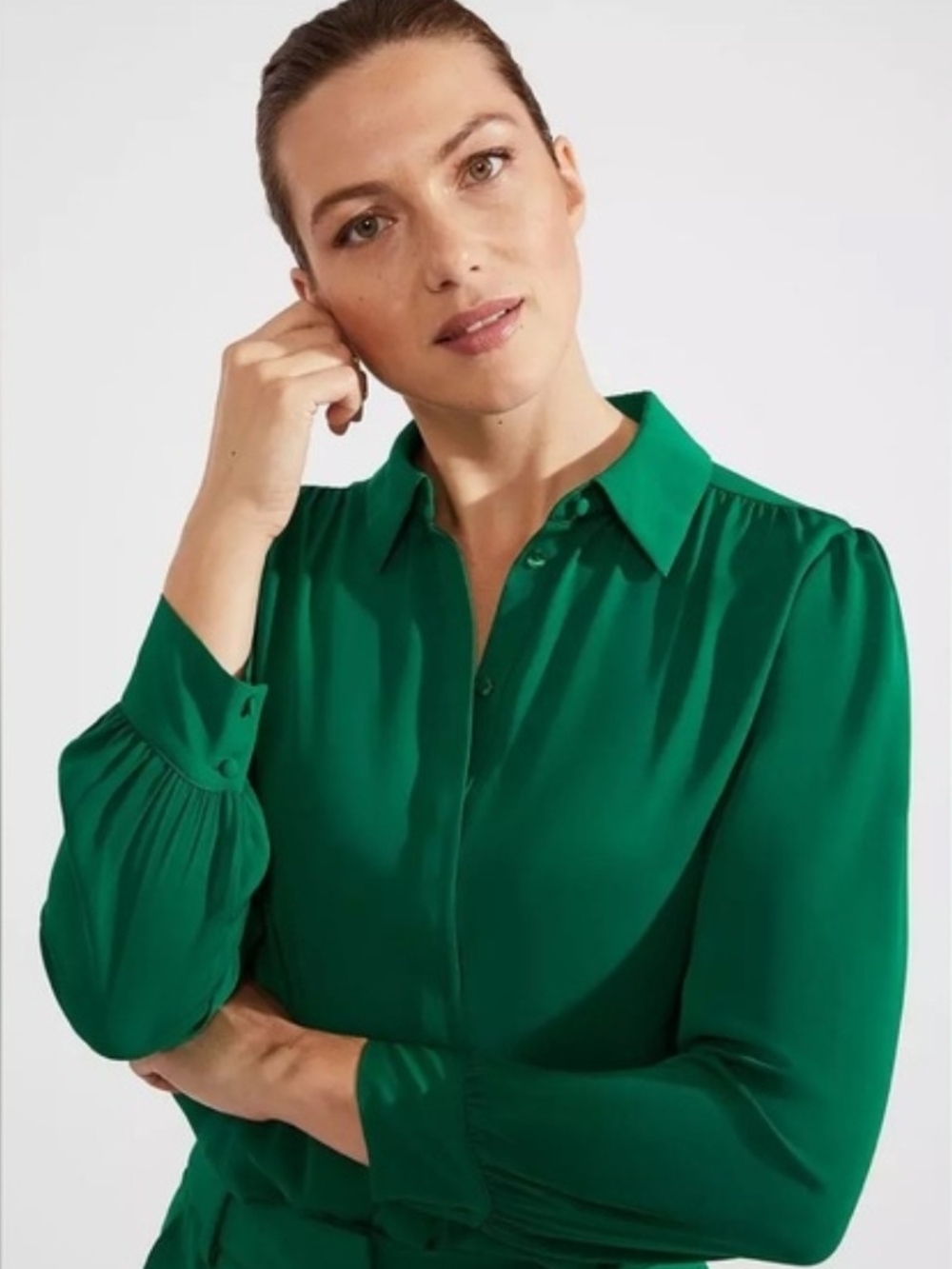 Women's Emerald Green Button-Front Shirt Blouse